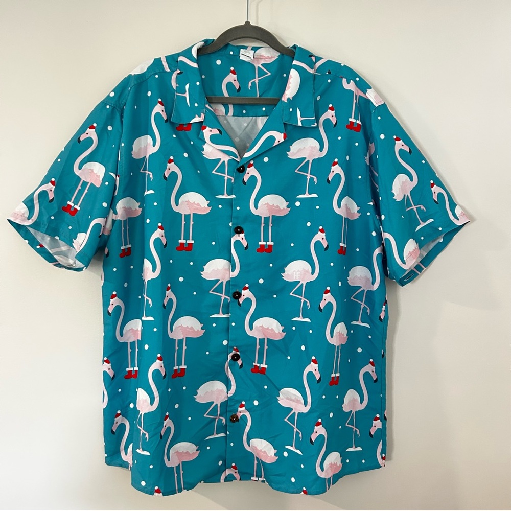 Holiday Flamingo Christmas Shirt Men’s 2XL XXL Short Sleeve Button Up Ugly